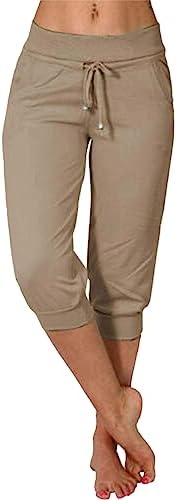 Zomerbroek voor dames, bedrukte broek voor dames, gesmokt, elastische taille, los, comfortabel, gedeeld, vrijetijdsbroek, zakken, sportkleding, damesbroek, Kaki, L