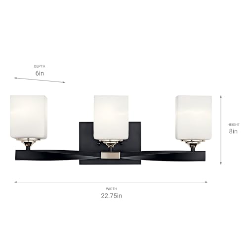 Image of Kichler Marette 22.75 inch Vanity Light in Black, 3-Light Modern Bathroom Light with Satin Etched Cased Opal Glass, (22.75 inch W x 8 inch H), 55002BK
