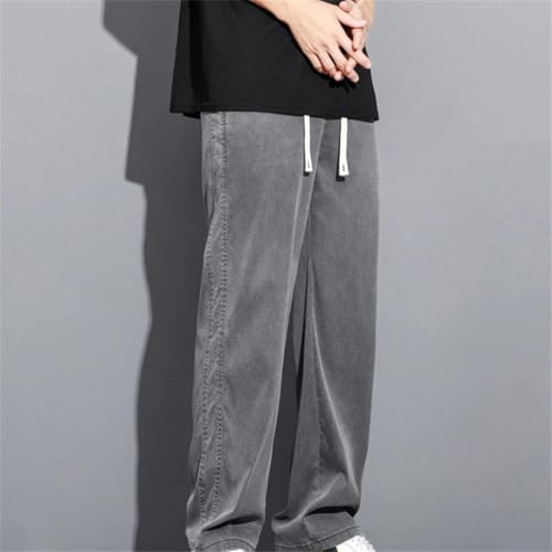 Men's Summer Thin Jeans Loose Fit Straight Leg Drawstring Waist Korean Style Casual Denim Trousers3