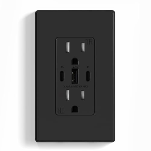 Image of ELEGRP USB Outlets, 30W 6.0 Amp USB C Outlets Receptacles, 3-Port USB Wall Outlet, 15 Amp Tamper-Resistant Outlet with 2 USB C Ports, UL Listed, Screwless Wall Plate Included, 1 Pack, Matte Black