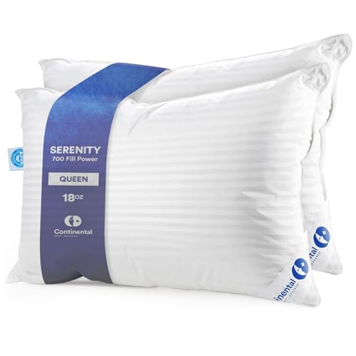 Continental Bedding | Serenity Goose Down Pillow | 700 Fill Power Hungarian White Down | 400TC Cotton Damask Shell | Made in USA | Queen, Soft | 2 Pack