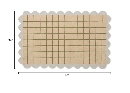 Image of Hand-Tufted Wool Area Rug - 3x5 Ft, Beige & Blush Windowpane Grid with Olive Green Lines & Light Lavender Scalloped Border, Soft High-Low Pile Carpet for Living Room, Bedroom & Nursery