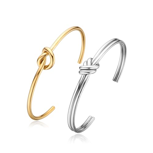 2pcs Stainless Steel Tie Knot Cuff Bangle for Women,Thin Wire Open Bangle Twist Knot Bridesmaid bracelet with 14k Real Gold Plated