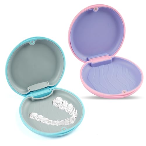 Maxmoc Zahnspangendose 2 Stück Zahnschiene Box Zahnprothesen Box Gebissdose Runden Prothesendose Tragbarer Zahnrettungsbox Zahnspangenbox mit Silikonpad für Reisen und täglichen Gebrauch(Blau Rosa)