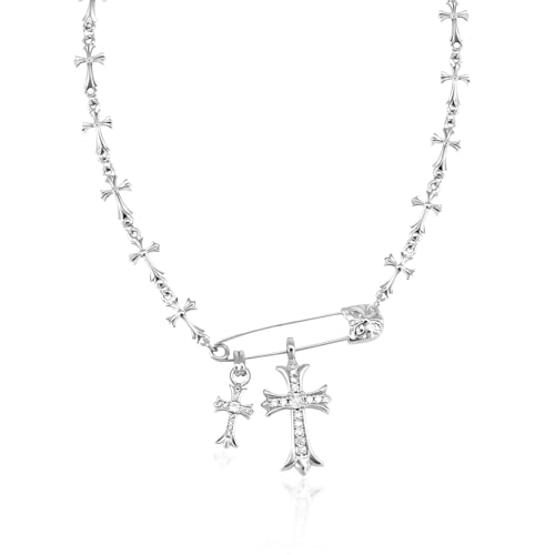 Cross Necklaces for Women Men, Silver Cubic Zirconia Cross Pendant Necklace, Dainty Cross Faith Necklaces Punk Goth Jewelry