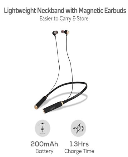 JGD Boom J2 Bluetooth 5.0 Neckband with Up to 25 Hours Playtime and Hi-Fi Stereo Sound in Ear Dual Pairing, Magnetic earpiece,Voice Assistant with Mic (Gold)