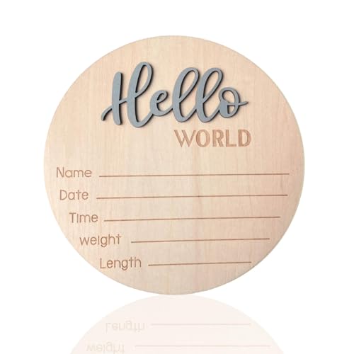 Image of Baby Announcement Sign, ​5.9 Inch Wooden Hello World Newborn Signs, Birth Announcement Sign, Baby Shower Hospital Nursery for Newborn Boys and Girls (Gray)