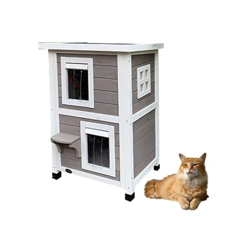 キャットハウス 木製 二層設計 外猫ハウス 屋外用 防水 防寒 野良猫 ハウス 冬 開閉式ルーフ ペットハウス 屋外 広い室内空間 組立簡単