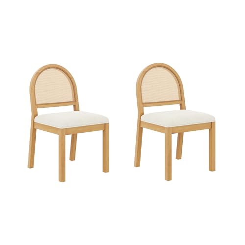 Image of Nathan James Bailey 19 in. Boucle Dining Chair, Upholstered Side Chair with Natural Woven Rattan Back and Solid Wood Legs, Natural Brown /Rattan /Cream Boucle, Set of 2