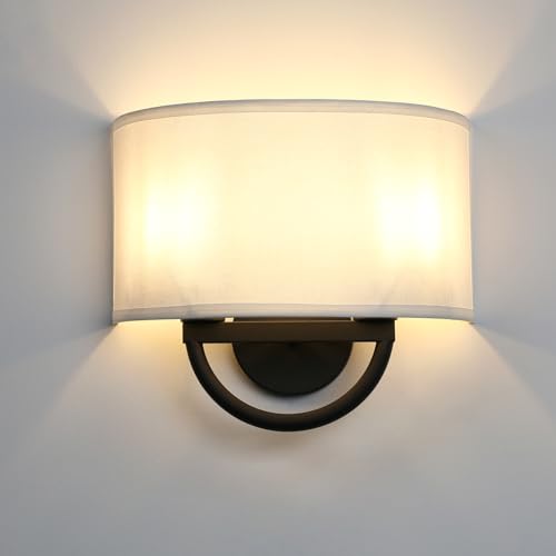 Image of Industrial 2-Lights Wall Sconce Fixture with White Fabric Shade, Double Arm Wall Light Lamps Decor for Hallway Bedroom Living Room Bathroom Stairway
