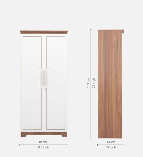 Image of COUCH CULTURE Amber Engineered Wood 2 Door Wardrobe | Almirah | Wardrobe with Hanging Rode and Lock | Storage Organizer | Multipurpose Almirah | 1 Year Warranty - White & Leon Teak