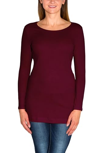 Alkato Damen Langarm Longshirt Langarmshirt Tunika Basic Shirt, Farbe: Weinrot, Größe: L