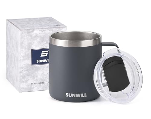 Image of SUNWILL Travel Coffee Mug with Lid, Insulated Tumbler with Handle, 14 oz Stainless Steel Cup for Home, Office, Camping, Powder Coated Charcoal