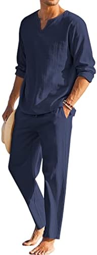 COOFANDY Men's 2 Pieces Cotton Linen Set Henley Shirt Long Sleeve and Casual Beach Pants Summer Yoga Outfits