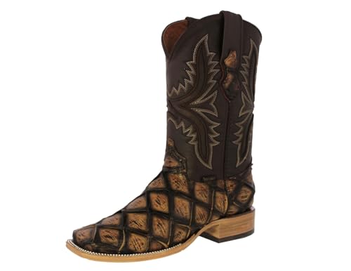 Texas Legacy Mens Honey Brown Western Boots Pirarucu Fish Print Leather Square Toe