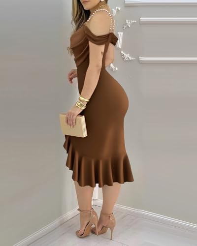 Image of CHICME Womens Sexy Bodycon Party Dress Off The Shoulder Pearls Strap Midi Dress Ruffle Hem Cocktail Dresses