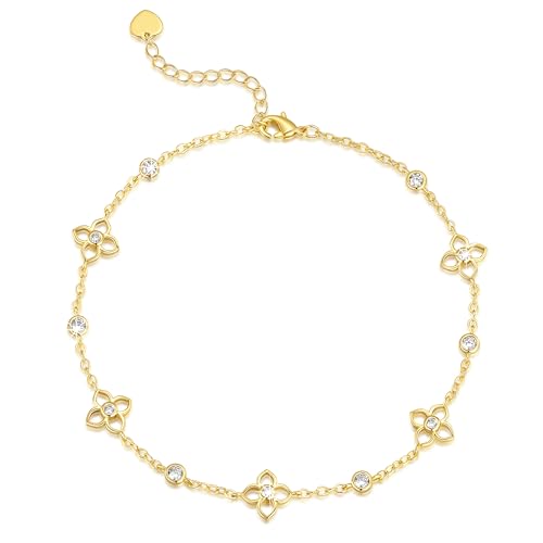 14K Gold Anklets for Women 14K Gold Ankle Bracelets for Women Flower Anklet for Womens Ankle Bracelets Hollow Floral Design with Zirconia Dainty Anklet for Womens Anklets Bracelet 9.4+1.6in