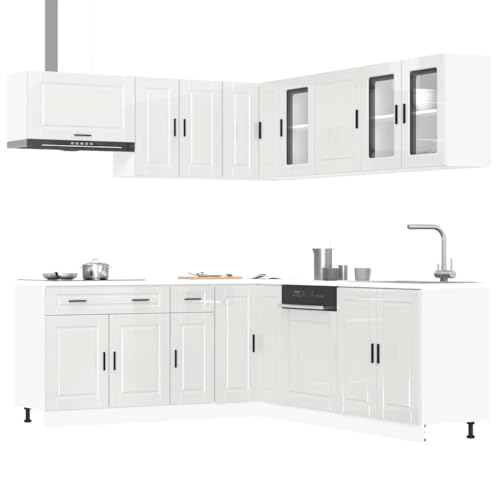 SooIarix 11 piezas Porto Kitchen Cabinet Set, madera blanca de alto brillo, muebles de cocina modulares con pies ajustables, solución de almacenamiento duradera