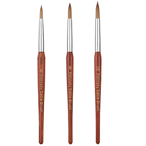 BOWINR 3 Pack Kolinsky Acrylic Nail Brushes Oval Nail Art Brush for Acrylic Powder Manicure Pedicure, Size 6, 8 and 10