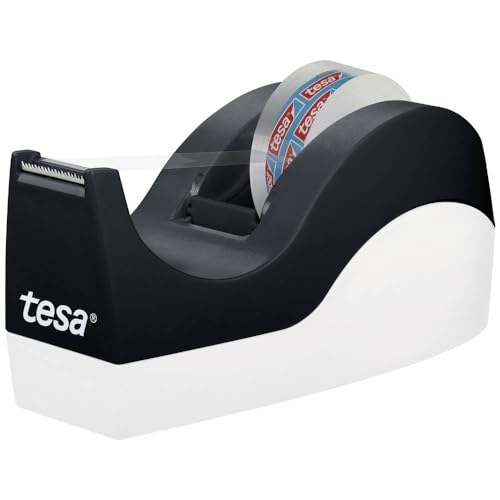 tesa Easy Cut Tischabroller ORCA - rutschfest, einfache Handhabung, sauberer Schnitt - mit 8 Rollen tesafilm kristall-klar 33m:19mm, Schwarz-Weiß, ORCA + 8 Rollen tesafilm kristall-klar