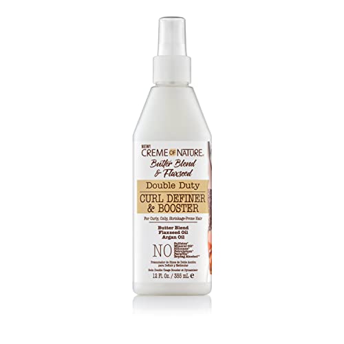 Creme of Nature Double Duty Curl Definer and Booster with Butter Blend, Flaxseed and Argan Oil, Moisturizing Anti-Shrinkage and Styling Spray for Natural Hair, 8 oz
