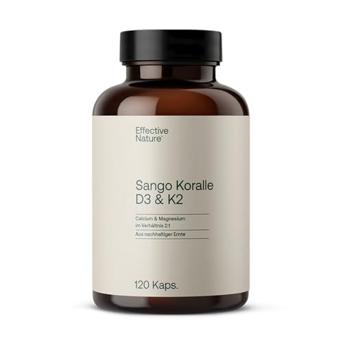 effective nature Sango Meereskoralle + Vitamin D3 & K2-120 Kapseln - Mit Calcium & Magnesium im optimalen Verhältnis 2:1 - hochdosiert & vegan - Nahrungsergänzung für Knochen & Säure-Base-Haushalt
