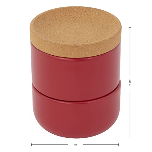 Image of Ceramic and Cork 3 Piece Stackable Salt and Pepper Cellar For Countertop Space Saving1Easy Lift Lid to Retain Freshness for Easy Open, Natural Cork and Red Ceramic