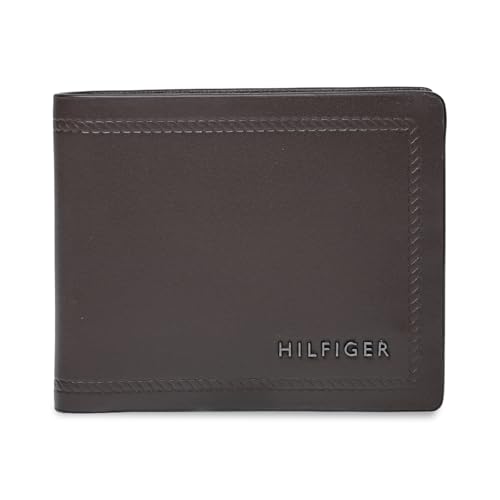 Image of Tommy Hilfiger Men's Leather Wallet Pelotas | Solid Brown Bi-Fold with Global Coin Pocket, 4 Card Slots | Stylish Purse for Gents