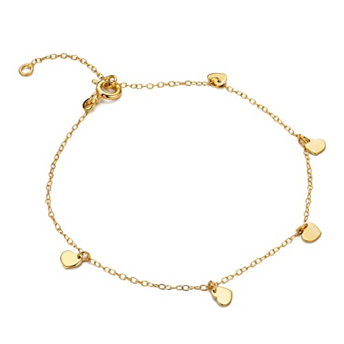MIORE Schmuck für Damen Herz Armband mit kleinen Charm Herzanhängern klassische Anker ArmKette aus Gelbgold 9 Karat 375 Gold, Länge 16-18 cm verstellbar
