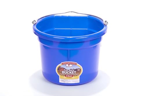 Little Giant® Flat Back Plastic Animal Feed Bucket | Animal Water and Feed Bucket with Metal Handle | 8 Quarts | Blue