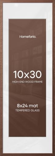 Image of Homeforia 10x30 Picture Frame Brown, High End Dark Oak 10x30 Walnut Wood Poster Frame with Mat 8x24 Print, 10 x 30 Wooden Frame Matted to 8 x 24 Photo, 30x10 Frames, Tempered Glass, Wall Kit, Set of 1