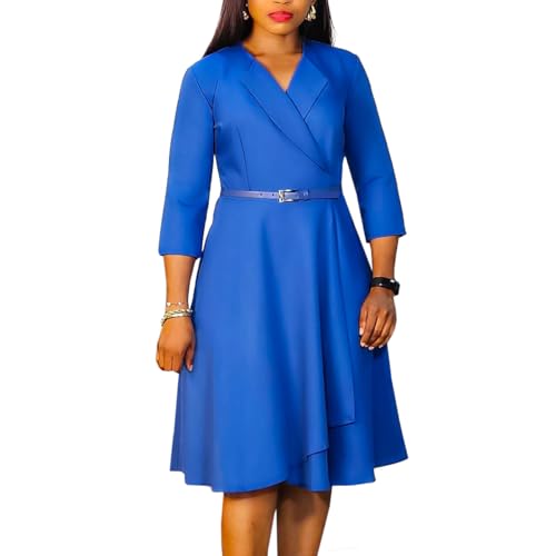 Image of Elainone Women 3 /4 Sleeve Casual Swing Flared A Line Dress Wedding Guest Semi Formal Office Work Dresses with Belt