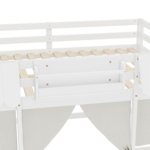Image of Full Loft Bed with Built-in Bookshelf, Curtain, Storage Shelf and Amusement Park-Inspired Playful Design Safety Guardrails, Fairy Tale Cottage Kids Bed (White5, Full)