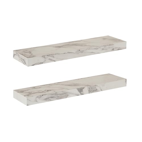 Image of Kate and Laurel Havlock Modern Faux Marble Floating Shelves, Set of 2, 22 x 6, White, Transitional Functional Bathroom and Kitchen Shelves for Storage and Display