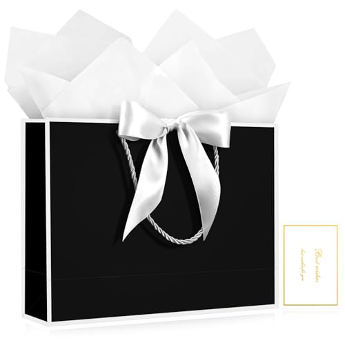 Image of JMANNI Gift Bags with Handles, 13 inch Medium Gift Bag for Presents, 1 Pcs Bags with 2 Tissue Paper and 1 Cards for Baby Shower Wedding Bridal Shower Mother's Day Birthday Party (black-white