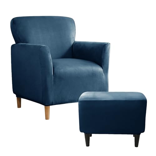 UNBBRRL Slipcover Set, Velvet Chair and Ottoman Cover, Banquet Armchair Covers for Living Room (Sapphire, Chair + Ottm)