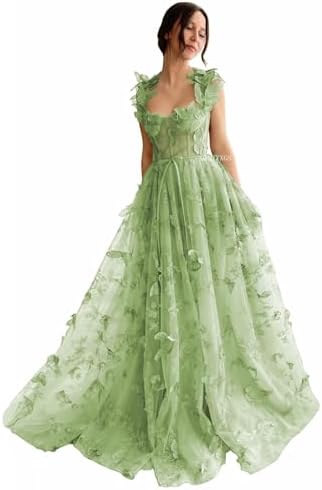 QFMYYXGS Sage Green 3D Butterfly Tulle Prom Dresses for Women Long Spaghetti Straps Formal Evening Gowns with Slit Wedding Party Dress Size 12: Buy Online at Best Price in UAE - Amazon.ae QFMYYXGS Sage Green 3D Butterfly Tulle Prom Dresses for Women Long Spaghetti Straps Formal Evening Gowns with Slit Wedding Party Dress Size 12: Buy Online at Best Price in UAE - Amazon.ae