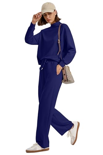 Image of WIHOLL Two Piece Sets for Women Fall Outfits Lounge Sets Mock Neck Tops Wide Leg Pants Vacation Travel Airport Outfits