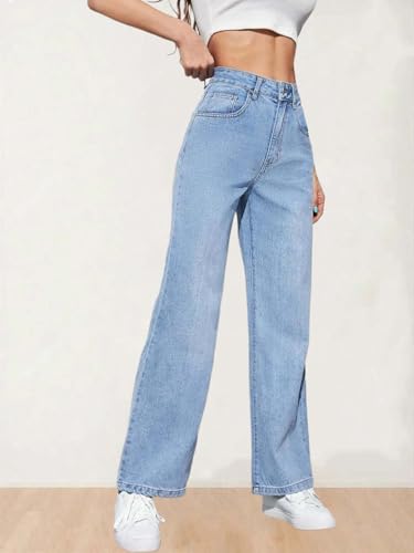 Image of KOTTY Women's High Waist Wide Leg Button Coin Pocket Straight Fit Jeans Stylish Regular to Plus Size Fit Denim Jeans for Women
