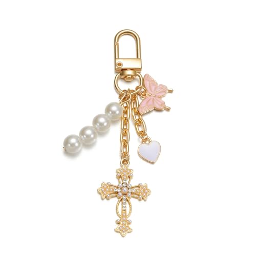 Porte-clés croix chrétienne dorée avec perles, cœur et papillon, porte-clé sac à main et voiture, bag charm élégant pour femme, breloque décorative...