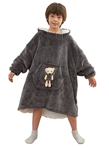 slimour Übergroße Hoodie Decke Kinder Oversized Hoodie Deckenpullover für Mädchen Fleece Kuschel Deckenhoodies mit großer Fronttasche und Bären - Grau, Einheitsgröße Cover