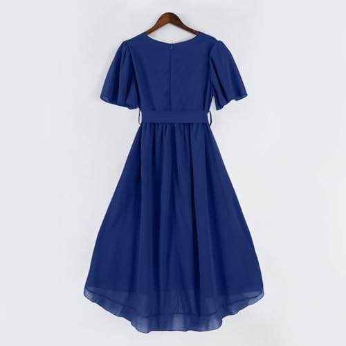 Dresses for Women UK, Women's Floral Print Chiffon A-Line Midi Dress Short Sleeve V Neck Tie Waist Casual Flowy Evening Dresses for Special Occasions Wedding Guest Personalised Gifts,Blue,L,u762k - Image 4