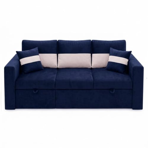 Image of FURNY Soria 4 Seater LHS Lounger Sofa Cum Bed (Dark Blue - Cream) with Pull-Out Function | Luxury Velvet Suede Finish | Durable Comfort | Ideal for Living Room