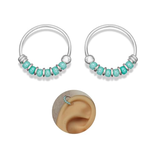 Handmade Silver Pair Small 10MM Cartilgae Helix Piercing Beaded Hoop Earrings, 925 Sterling Silver, Light Blue Color Beads Thin 22Gauge Hoops for women, By Miya Jewelry Creations (Light Blue)