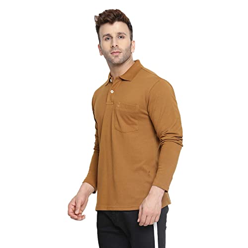 Image of CHKOKKO Cotton Polo Neck Full Sleeves Plain T Shirt for Men with Pocket Brown L