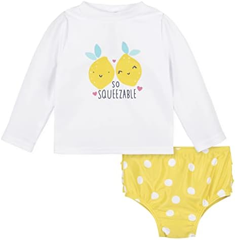 Gerber Girls' Baby Toddler Long Sleeved Rashguard Swim Bathing Suit Set, White Yellow Lemons, 5T