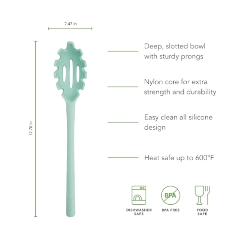 Image of Tovolo Pasta Claw Spaghetti Spoon Scoop Aqua Seafoam Green Silicone Pasta Spoon with Teeth, BPA Free Silicone Pasta Fork for Serving Spaghetti Linguine and Noodles, Heat Safe Pasta Serving Spoon