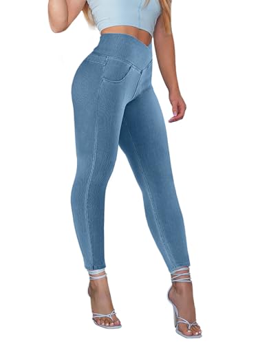 AIMILIA Crossover Jeggings for Women Tummy Control High Waist Pull On Stretchy Jeans Denim Leggings with Pockets Slimming