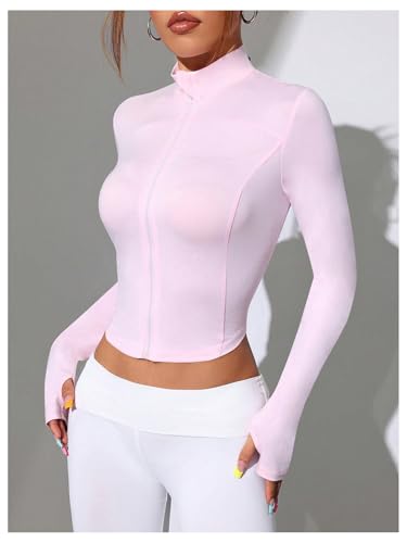 COZYEASE Jaqueta feminina de corrida cropped com zíper manga comprida gola redonda slim fit yoga tre