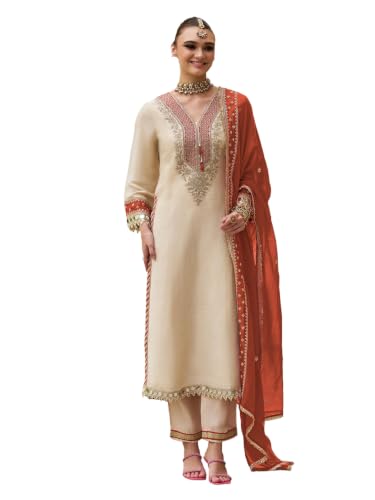 Image of INDO ERA Women's Silk Blend Embroidered Sequins Work Straight Kurta & Pant with Dupatta Set | Kurta Sets For Woman